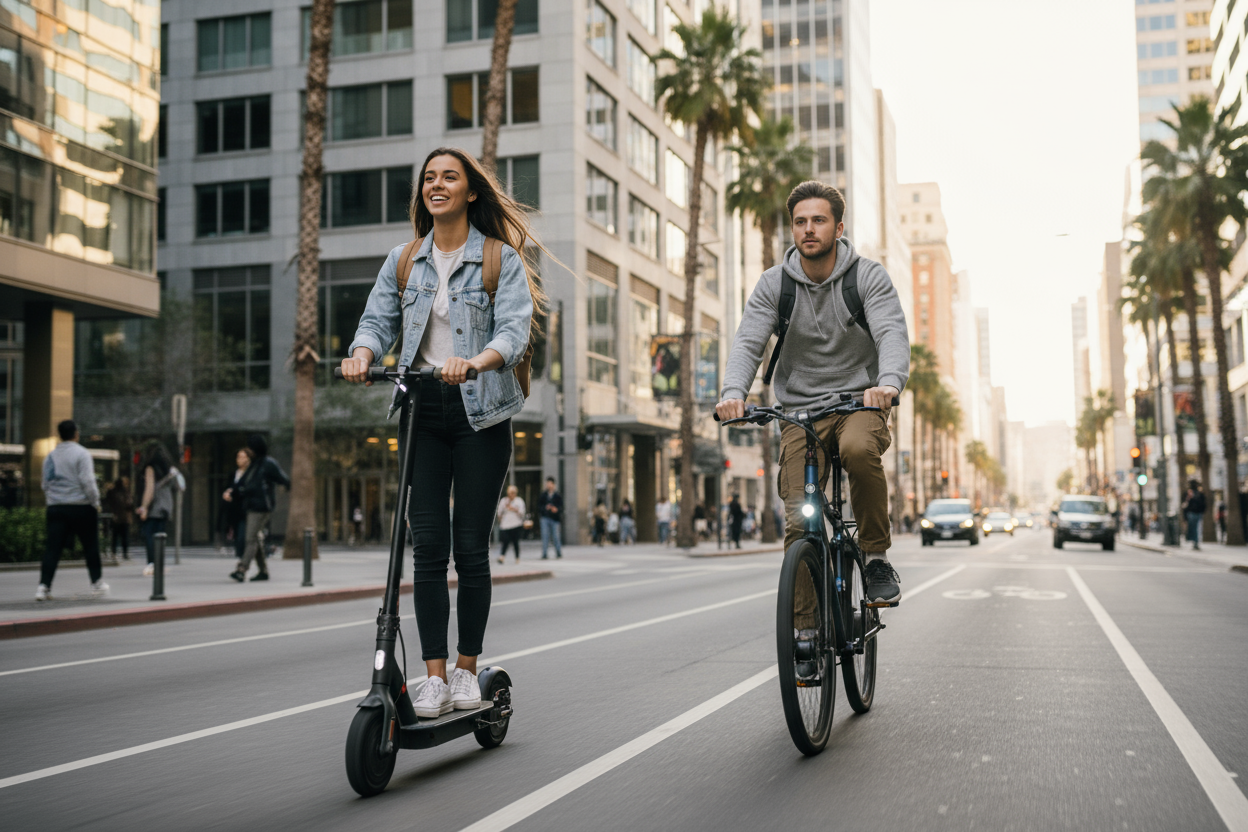 Deux personnes réelles sur une trottinette et un vélo électrique 
