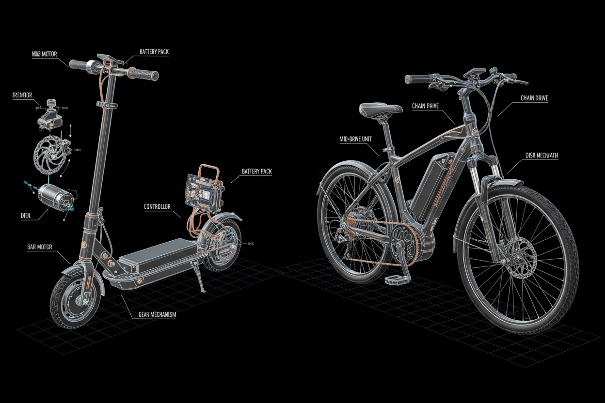 Mécanisme trottinettes et vélo électrique en fond noir