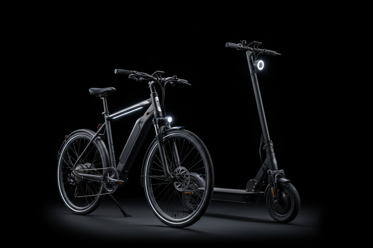 Vélo électrique et trottinette en fond noir